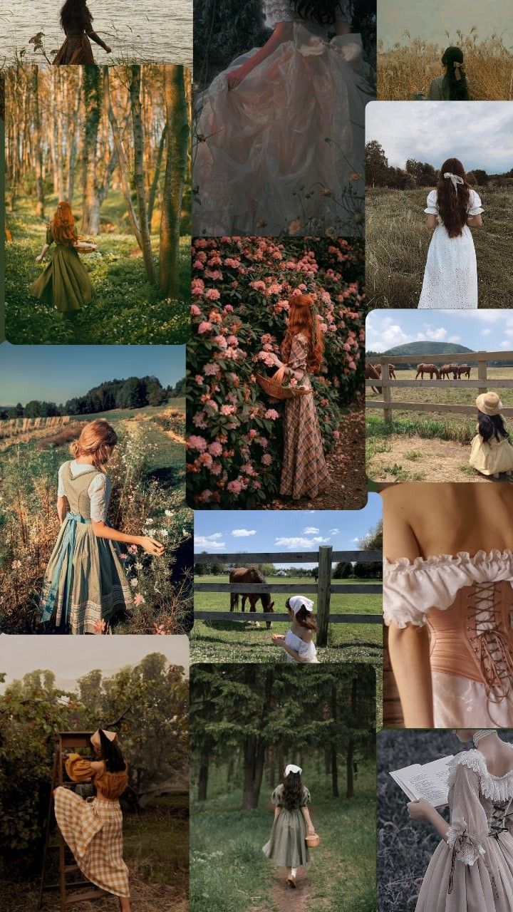 the collage shows many different images of women in dresses and hats, with flowers on them