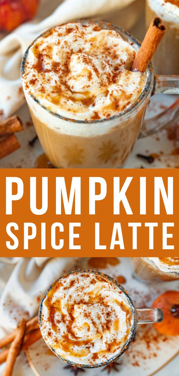 pumpkin spice latte with cinnamon sticks and whipped cream in the middle, on a white plate