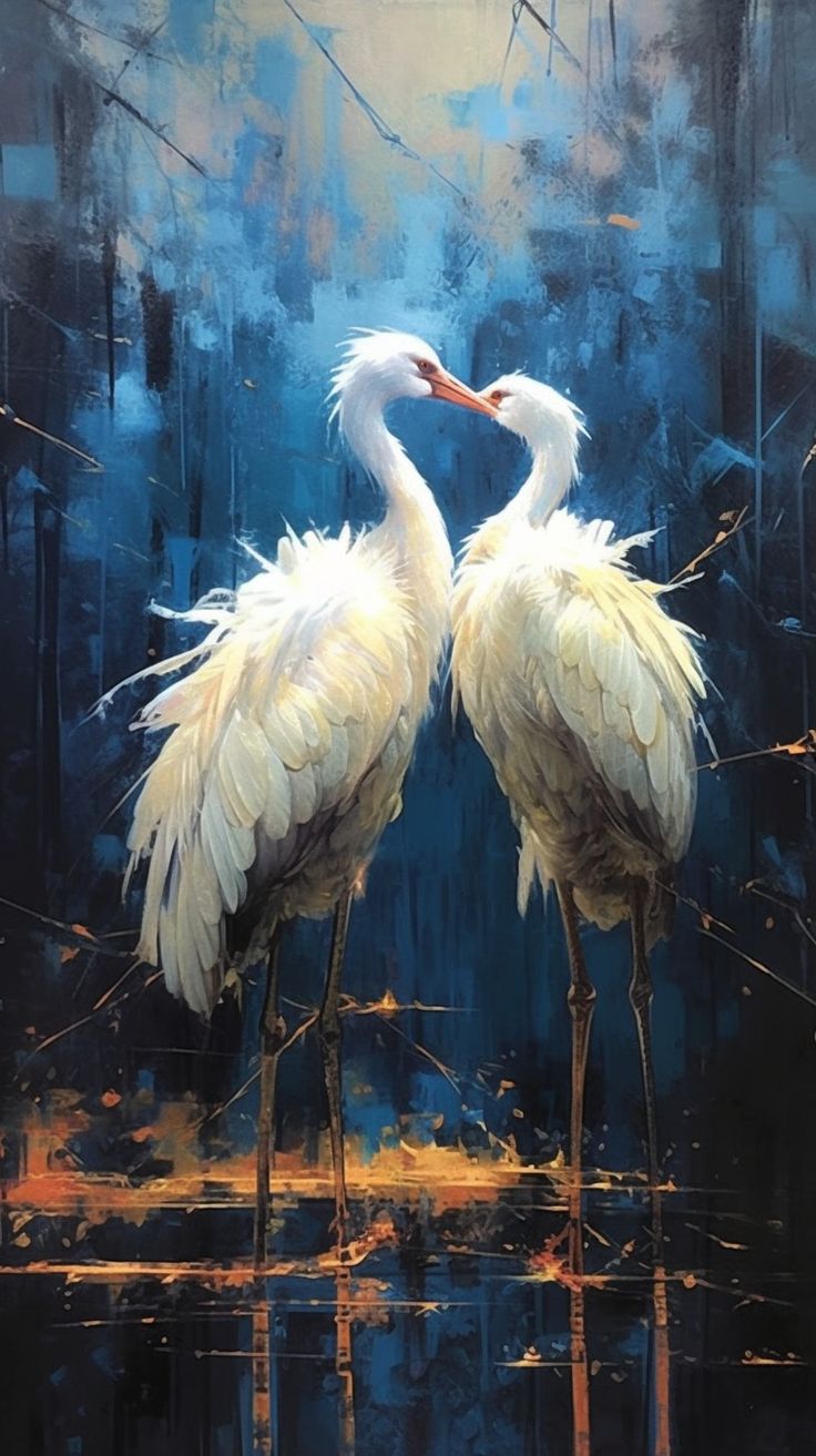 two white birds standing next to each other on a blue and yellow background with water