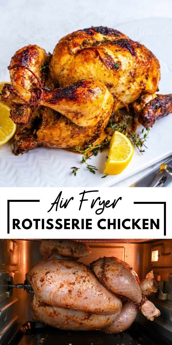 chicken in an oven with lemons and herbs on the side, and text overlay that reads au fge rotissee re chicken