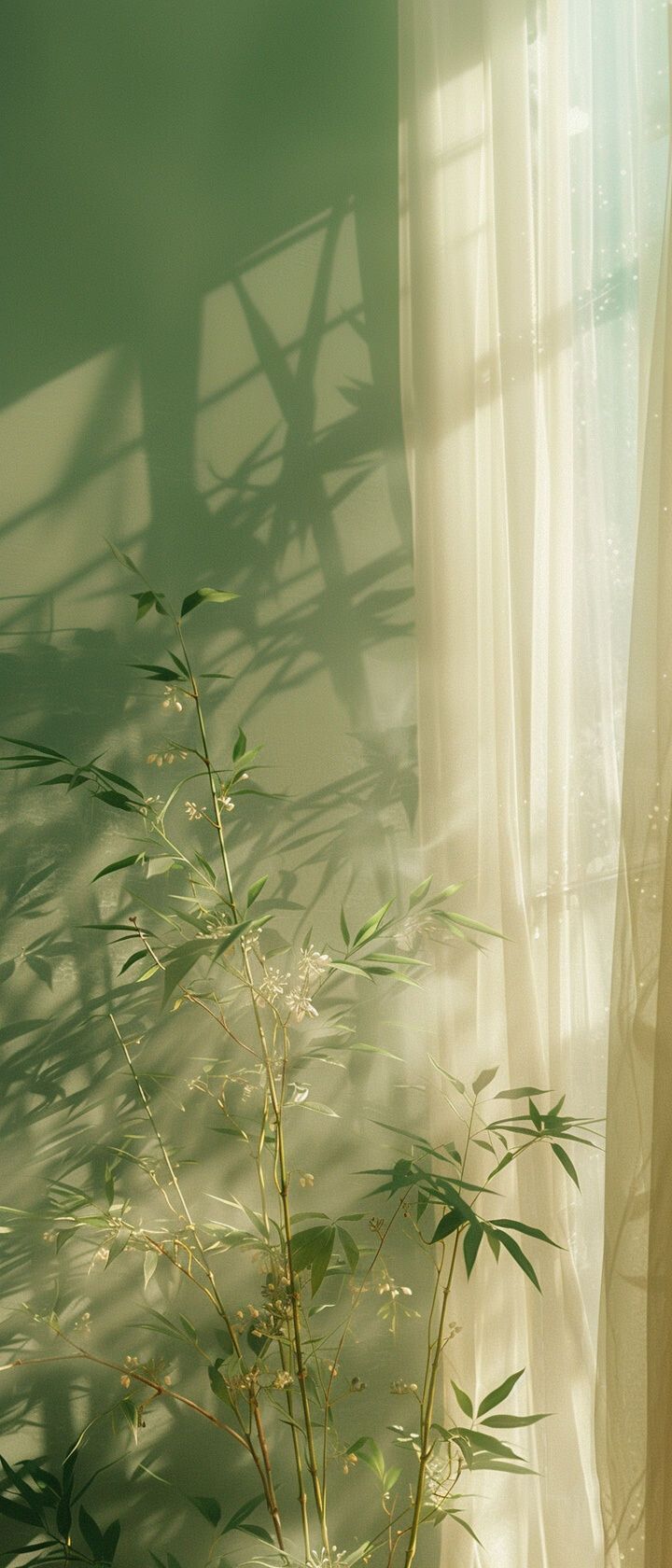 a plant in a vase sitting next to a window with white sheers on it