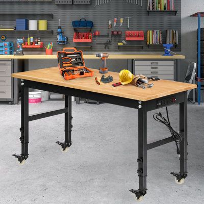 a workbench with tools on it in a room filled with shelves and cabinets