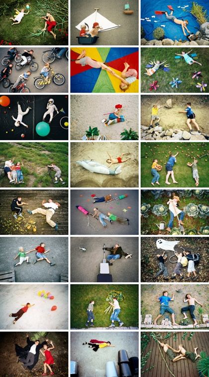 many different pictures of people playing with kites and other things on the ground in front of them