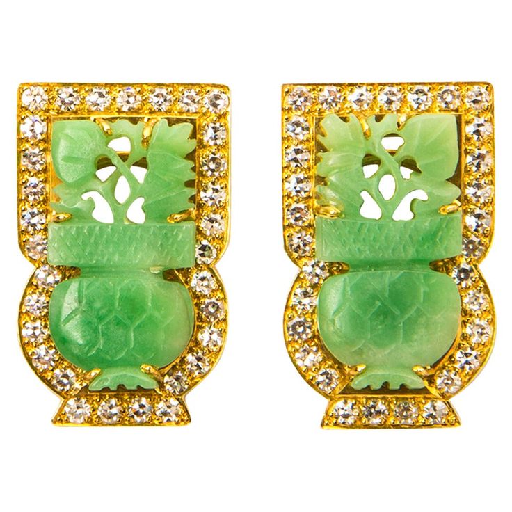 Beautifully carved translucent jade is framed with single cut diamonds to create simple elegance. Approximately one inch in size. Diamond Gold Earrings, Antique Jade, Green Palette, Carved Jade, Sparkly Jewelry, Jade Earrings, Gold Diamond Jewelry, Gold Diamond Earrings, Earrings Green