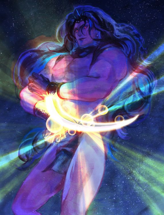 a man with long hair and no shirt on holding a glowing object in his hands