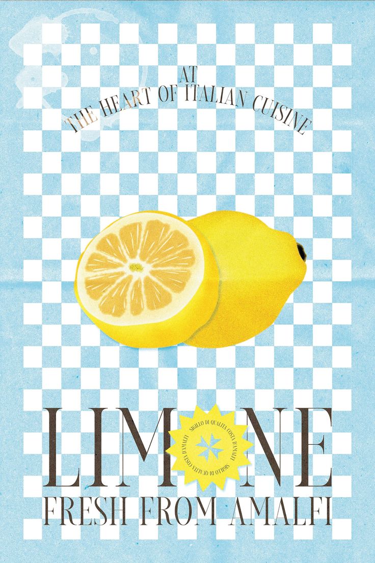 a lemon on a blue and white checkered background with the words limone fresh from amalfi