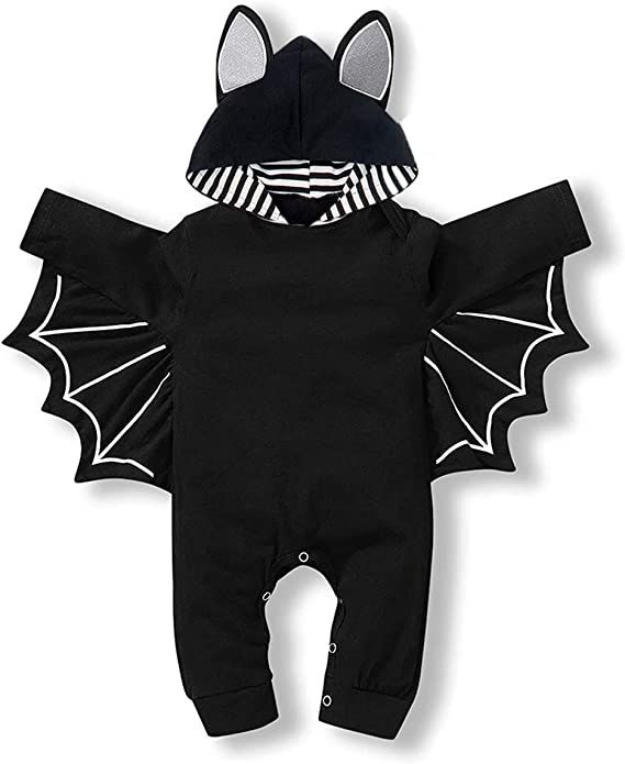 a black and white baby's halloween costume with a bat on the chest,