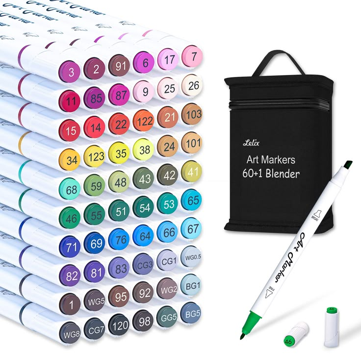 markers and pens are next to a bag with the numbers on it in different colors