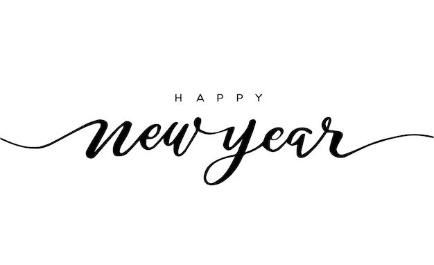 the word happy new year written in cursive writing on a white background with black ink