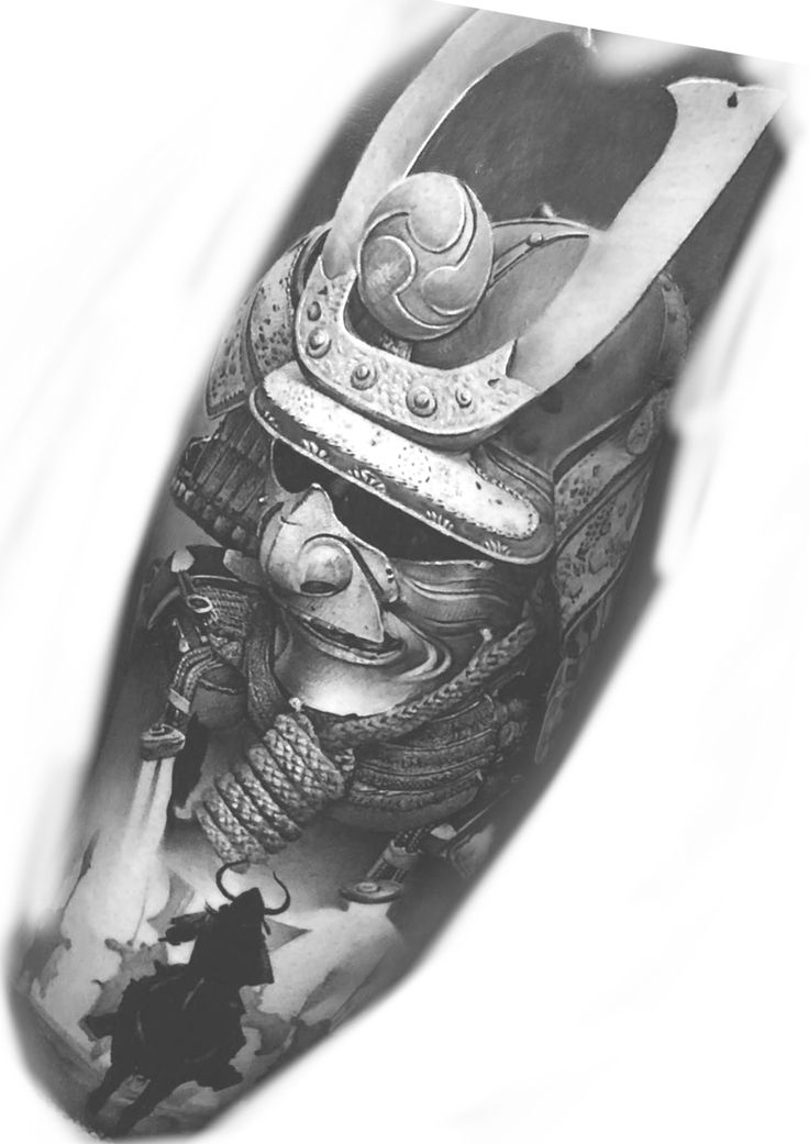 a black and white photo of a samurai tattoo