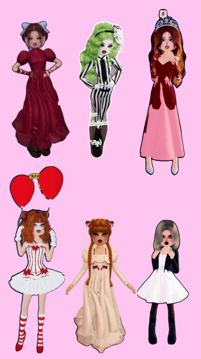 four dolls are standing in different poses on a pink background, one is wearing a dress and the other has an umbrella