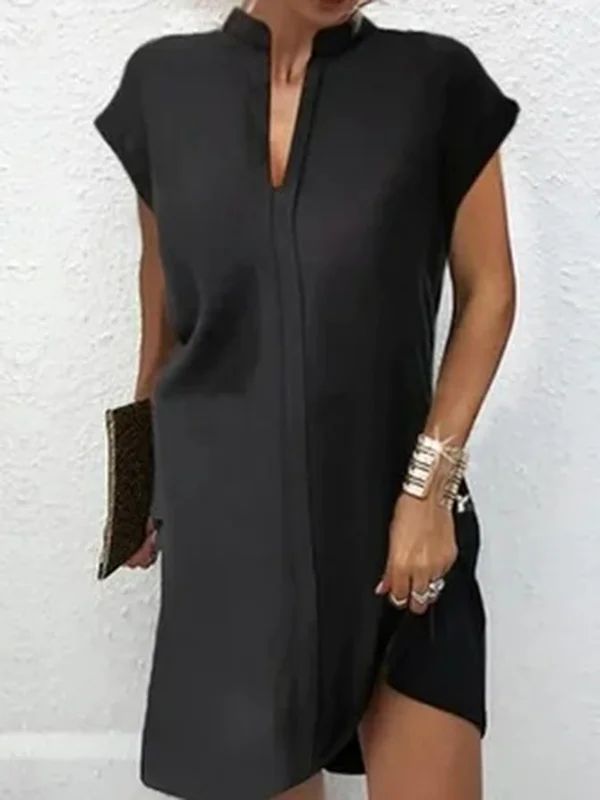 Loose Short Sleeves Solid Color Split-Joint V-Neck Mini Dresses Short Dresses Mode Tips, Looks Chic, Color Shorts, Dresses Short, Mode Inspiration, Mini Dress With Sleeves, Mini Dresses, Matching Dresses, Collar Dress