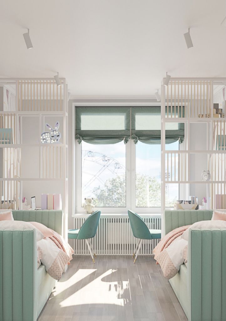 a bedroom with white walls and wood flooring next to a large window filled with bookshelves