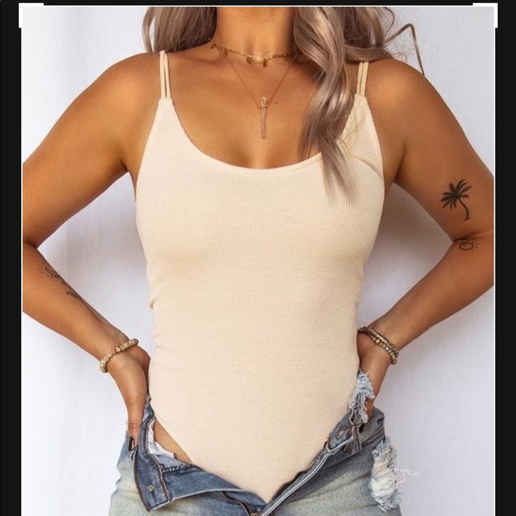 Brand New Super Cute Smoke And Pet Free Casual Beige Bodysuit For Spring, Trendy Beige Bodysuit For Spring, Trendy Beige Spring Bodysuit, Beige Bodysuit For Vacation, Summer Day Out Bodysuit, Spring Casual Bodysuit For Brunch, Casual Spring Bodysuit For Brunch, Trendy Summer Bodysuit For Brunch, Fitted Beige Bodysuit For Summer