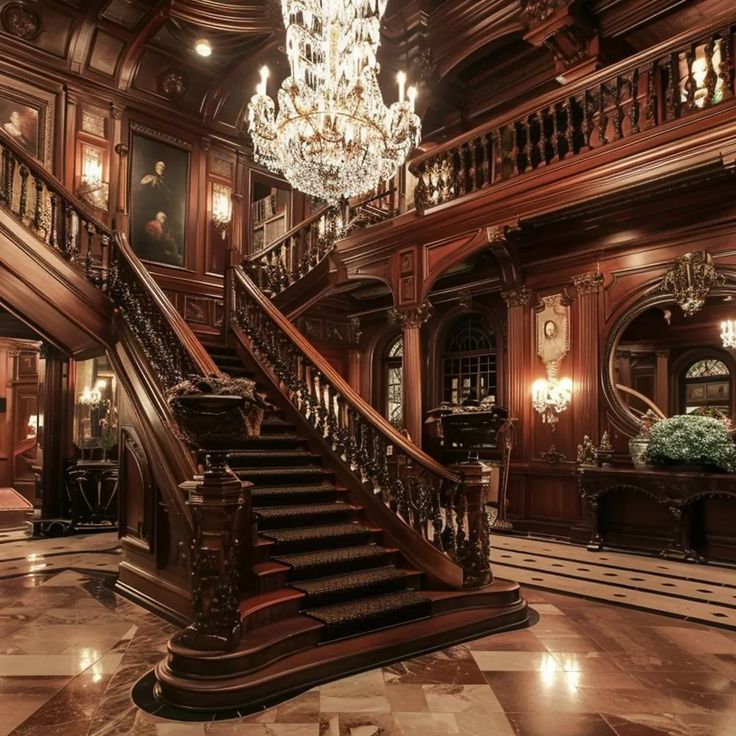 an ornate staircase with chandelier and marble flooring in a large room filled with wood paneled walls