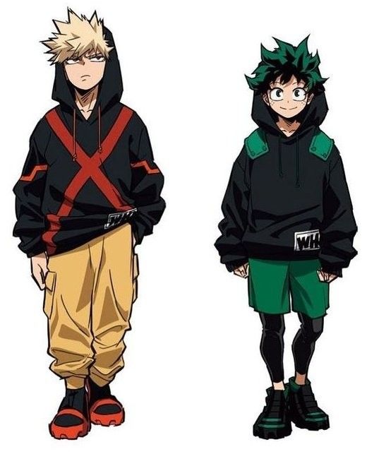 two anime characters standing next to each other in front of a white background and one is wearing