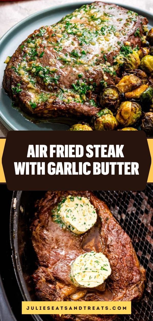 grilled steak with garlic butter on the grill and an image of broccoli sprouts