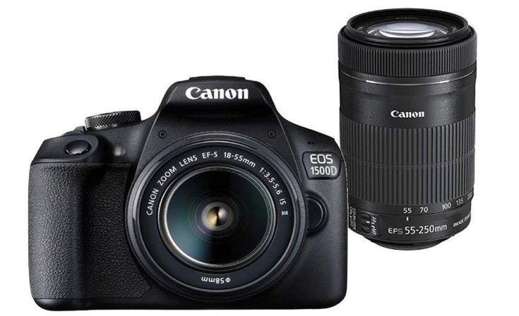 the canon eos 800 is next to a large lens