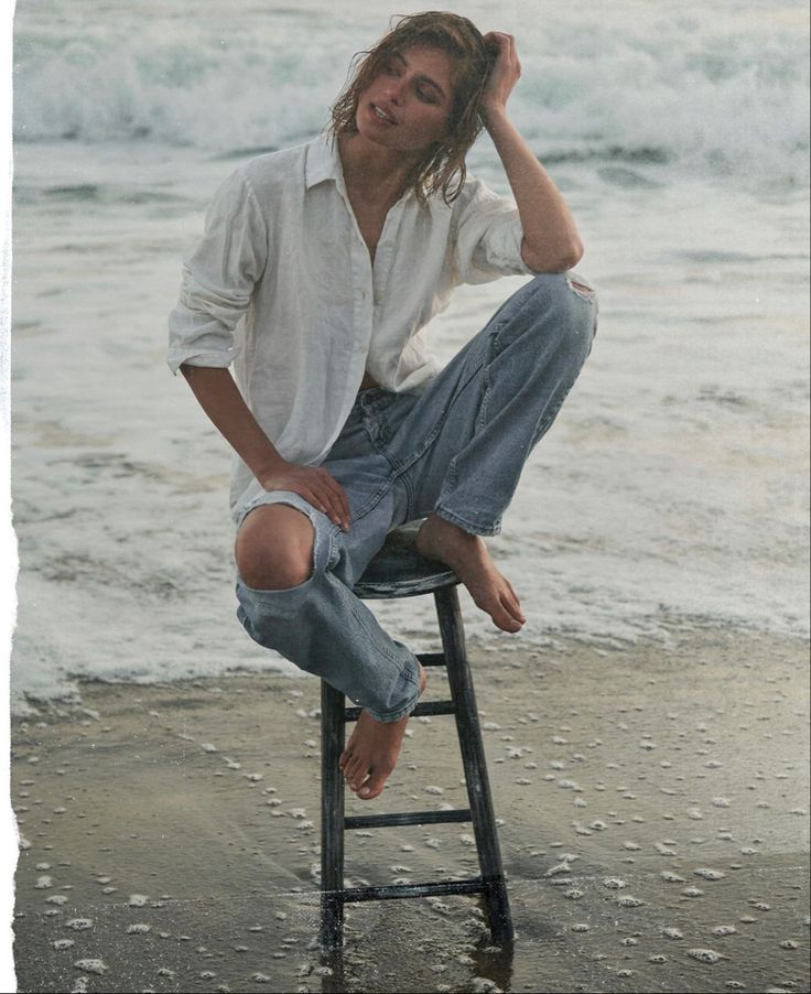 Jeans In Water Photoshoot, White Shirt Beach Photoshoot, Beach Clothes Photoshoot, Jeans On The Beach Photoshoot, Beach Stool Photoshoot, Oversized Shirt Photoshoot Ideas, Denim Beach Photoshoot, Jean Beach Photoshoot, Beach Jeans Photoshoot