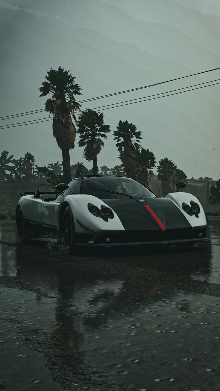 a black and white race car driving down a wet road