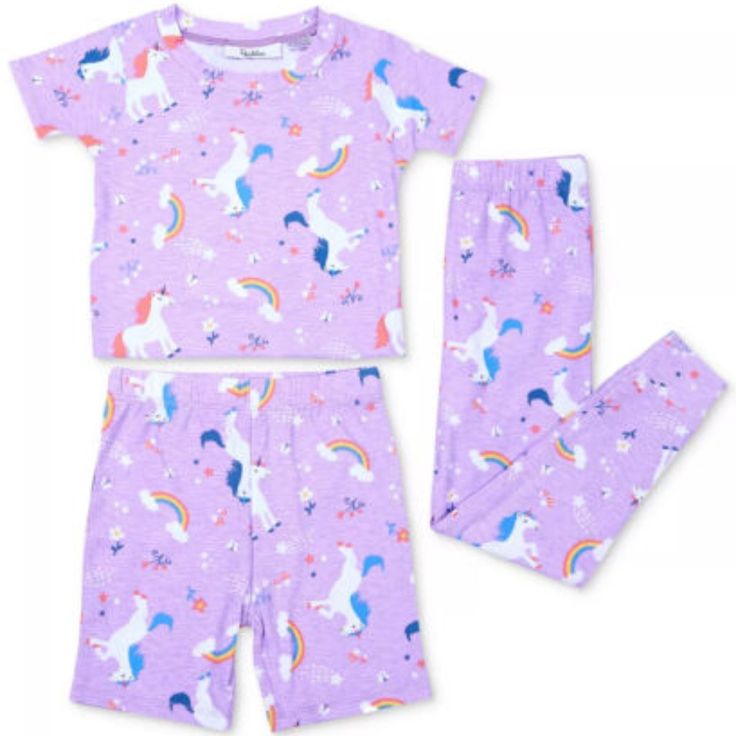 Roudelain Toddler Girl, 2 T 3-Pc. Pajama Set - Frolic Unicorns Crocus Petal Regular Price $46 Super-Soft, Cute Pajama Set : Shorts And Jogger Pants, Short Sleeve Top Bottom: Elastic Waist; Pull-On Styling. Inseam 14”. Shorts: Elastic Waist; Pull-On Styling. Top: Crewneck; Pullover Styling; Short Sleeves. Chest 20”, Top Length 14.5”. Size 2t (Fits 29-31 Lb; 35-36”) Material: 95% Polyester 5% Spandex. Care: Machine Wash Cold. Cute Matching Pajama Sets For Sleep, Cute Matching Sleepwear Sets, Playful Matching Sets For Sleepover, Cute Matching Sleep Sets, Playful Matching Bedtime Set, Playful Matching Bedroom Set, Cute Short Sleeve Purple Set, Cute Multicolor Sleepover Sets, Playful Purple Playtime Set