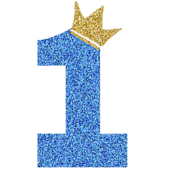 a blue number one with a gold crown on it's head and the number 1 is made out of small glitters