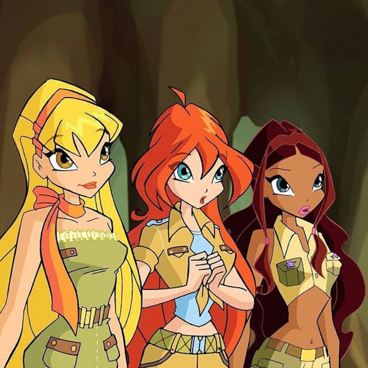 three cartoon girls standing next to each other in front of a tree with leaves on it