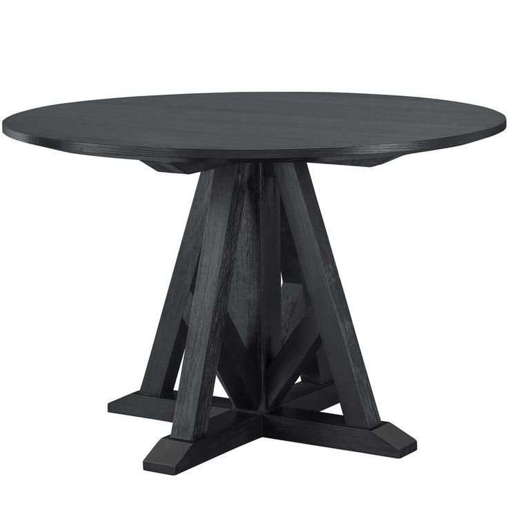 a round table with two wooden legs and a black finish on the top, against a white background