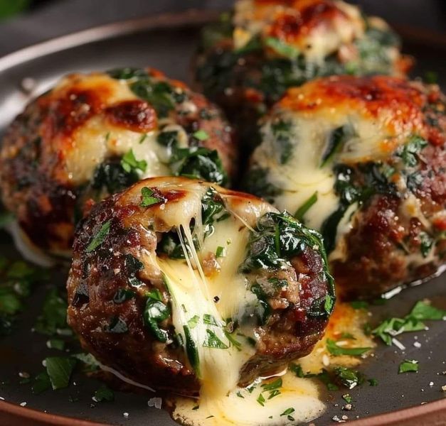 three stuffed meatballs covered in cheese and spinach on a plate with parsley