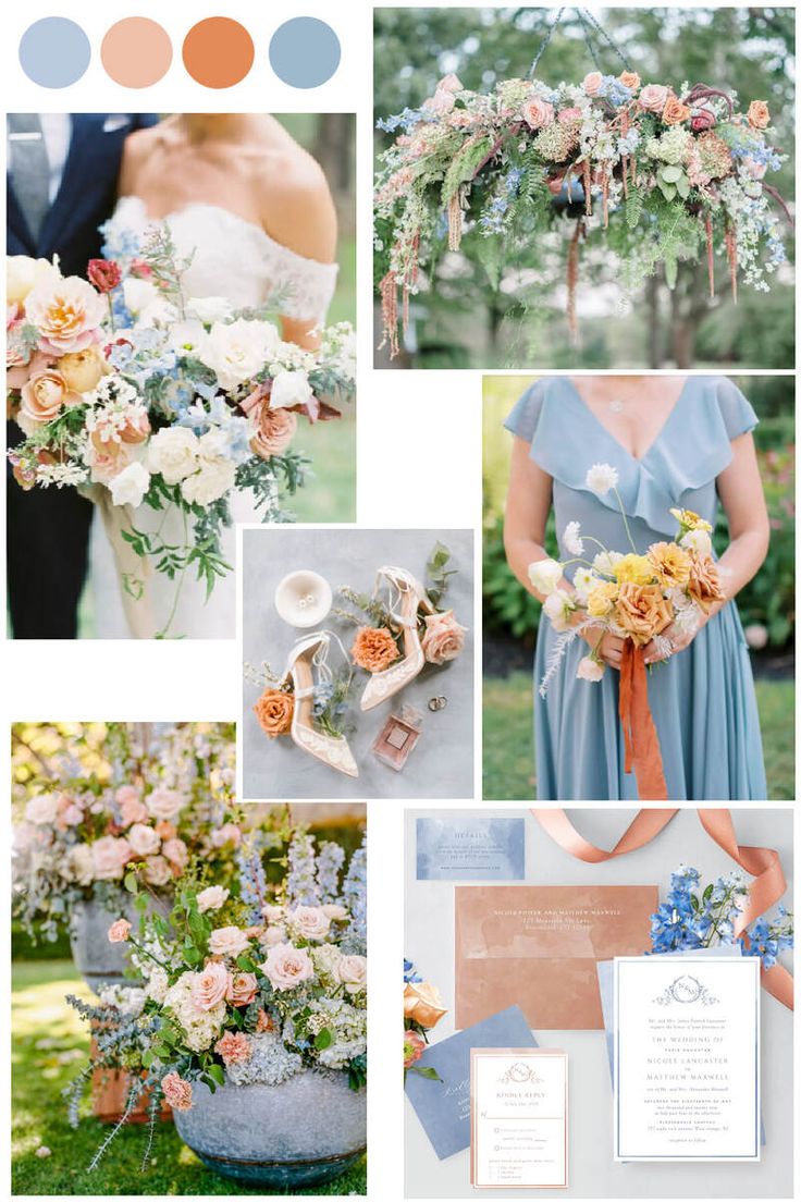 the wedding color scheme is peach and blue