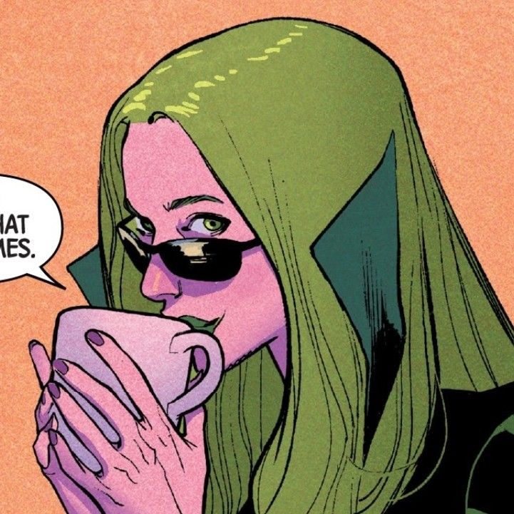 a woman with green hair and sunglasses drinking from a cup