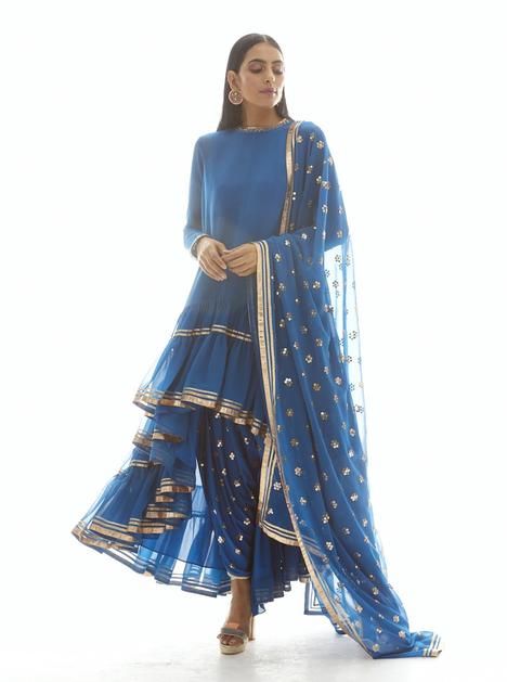 High Low Kurta, Vani Vats, Kurta And Dupatta, Asymmetric Kurta, Blue Kurta, Dhoti Pants, Indian Clothes, Blue Embroidery, Indo Western