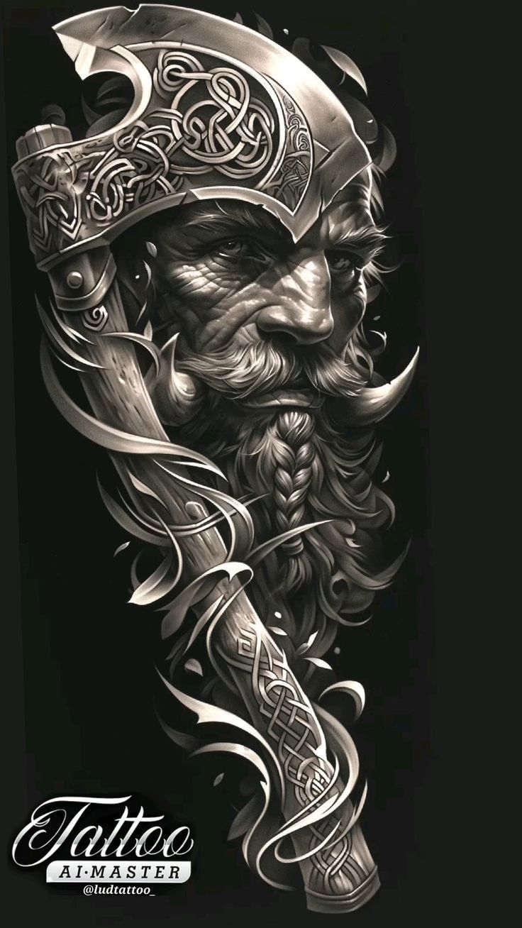 a black and white drawing of a viking