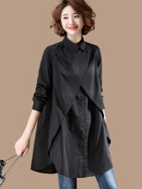 Sku CY-!21620 Material Cotton , Polyester Style Loose , Cropped , Long Sleeves Feature Solid Occasion Going out , Casual , Office , Simple Neckline Lapel Collar Seasons Spring , Summer , Autumn , Winter Type Blouses&shirts Tops Color BLACK,CAMEL Size M,L,XL,2XL,3XL,4XL,5XL Size chart: Please consult the size chart we provide for this item's measurements to help you decide which size to buy. Please note: There may be 1-3cm differ due to manual measurement. CMINCH Cm Bust Sleeve Length M 96 57 85.5 L 100 57 86 XL 104 58 86.5 2XL 108 58 87 3XL 112 59 87.5 4XL 114 59 88 5XL 116 59 88.5 Fall Workwear Shirt Dress With Asymmetrical Hem, Black Long Sleeve Shirt Dress For Spring, Black Long Sleeve Shirt Dress For Fall, Casual Black Shirt Dress For Office, Black Shirt Dress For Office In Spring, Black Collared Shirt Dress For Office, Black Lagenlook Blouse For Spring, Black Blouse With Asymmetrical Hem For Work, Sleeveless Short Dress