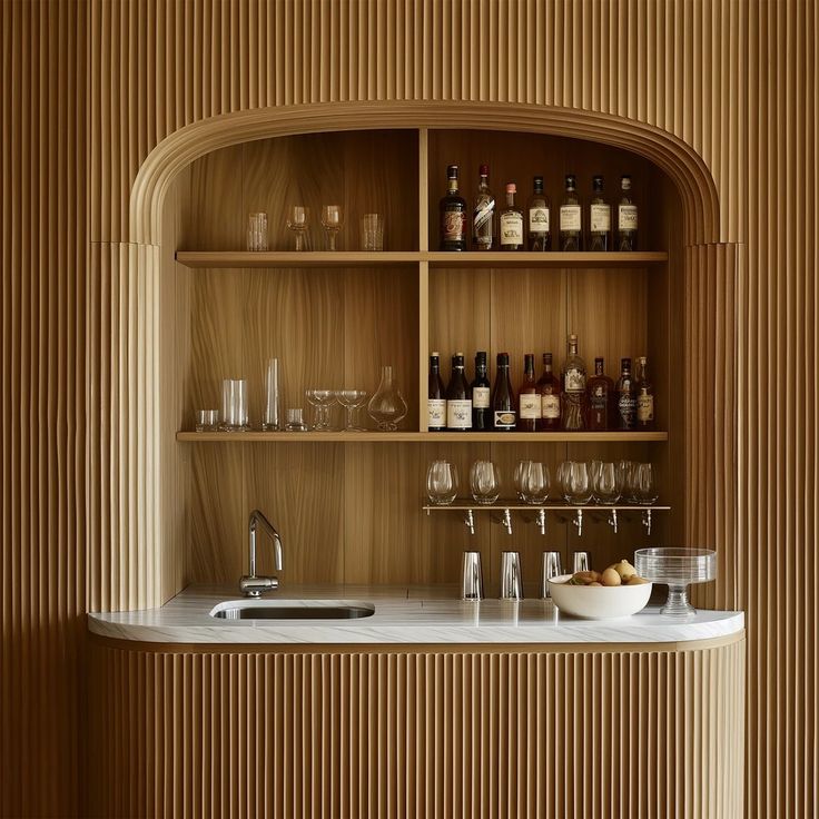 a wooden shelf filled with lots of bottles and glasses next to a sink in a kitchen