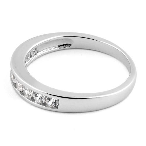 Top of ring height: 3.4mm

      Band width:  3.4mm

      Shank width: 2.2mm

    
        Stone material:  clear cubic zirconia  

      Stone shape:  round

      Total number of CZ    stones: 9

      Stone setting:  channel setting

   
       Metal:  925 sterling silver

      Plating:  rhodium plated    (what is rhodium?) What is Rhodium? 
 
   If you're not familiar with Rhodium, it's a rare metal in the platinum   group, and at over $20,000 per KG, it's almost as expensive as Plati Classic Channel Set Cubic Zirconia Jewelry, Silver Diamond Ring With Channel Set Round Cut, Diamond White Cubic Zirconia Rings With Channel Set, Dazzling Cubic Zirconia Channel Set Rings, Classic Silver Cubic Zirconia Eternity Band, Silver Round Diamond Ring Channel Set, Cubic Zirconia Channel Set Round Ring, Round Cubic Zirconia Ring Channel Set, Silver Channel Set Diamond Ring