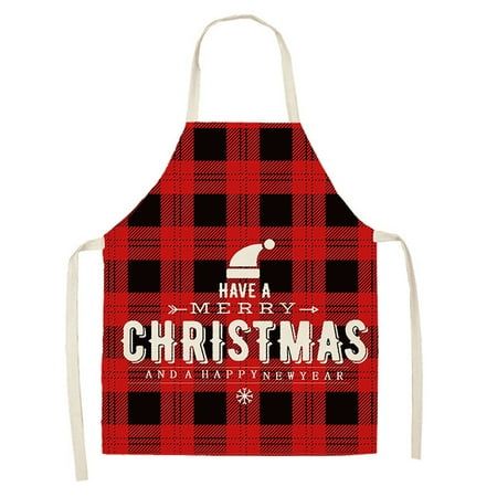 a red and black plaid christmas apron with the words have merry christmas and happy new year