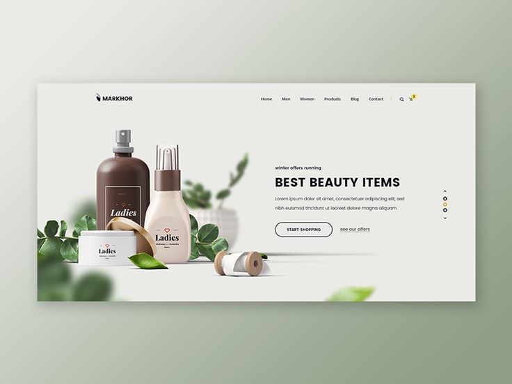 a website page with an image of cosmetics products on the bottom right corner and green leaves in the background