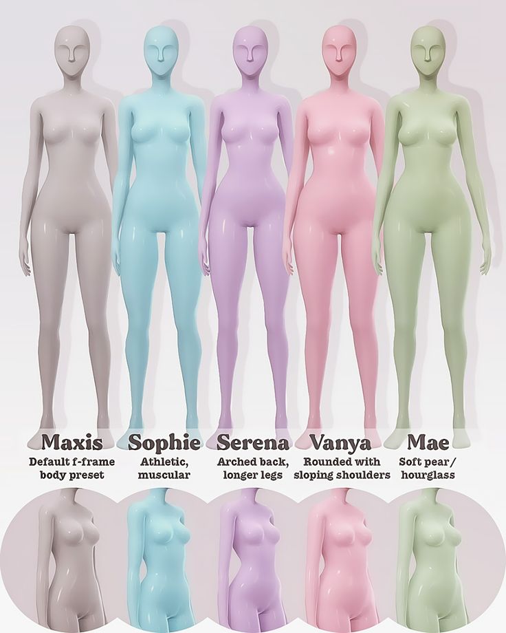 six different colored female mannequins are shown in this graphic representation, each with their own body shape