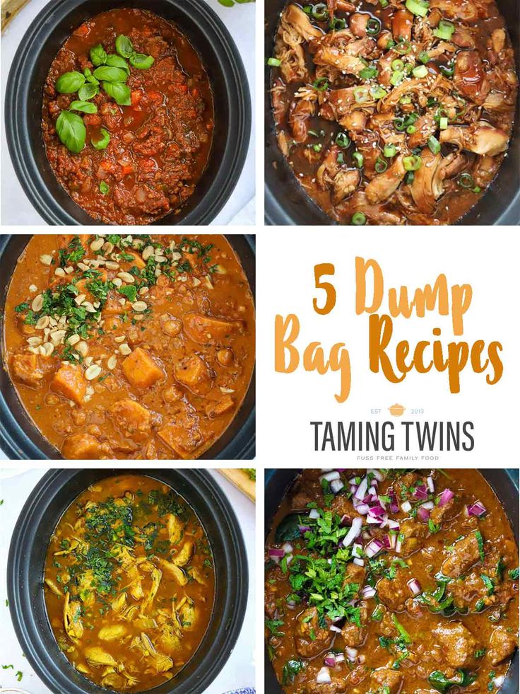 five different types of soups with the words 5 dump bag recipes on top and bottom