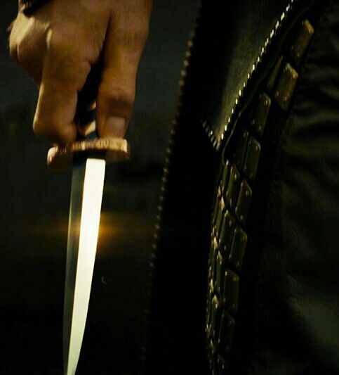 a person holding a knife in their hand with the light shining on it's blade