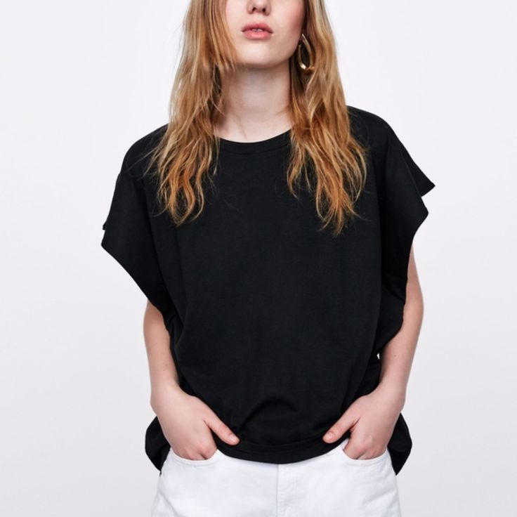 Zara Two-Tone Sleeve Top Black Knit T-Shirt With White Contrasting Inner Lining At Sleeves Relaxed Fit Back Slightly Longer Wide Oversized Armholes Cap Sleeve Style Nwt Bm:B Buy With Confidence Professional Posher - I Ship Daily! Chic Cotton T-shirt For Layering, Black T-shirt For Spring Layering, Black T-shirt For Layering In Spring, Black Short Sleeve Top For Layering, Casual Cotton Short Sleeve Top For Fall, Everyday Cotton Knit Top With Short Sleeves, Chic Oversized T-shirt For Fall, Trendy Relaxed Fit Tops For Layering, Basic Cotton Knit Top For Summer