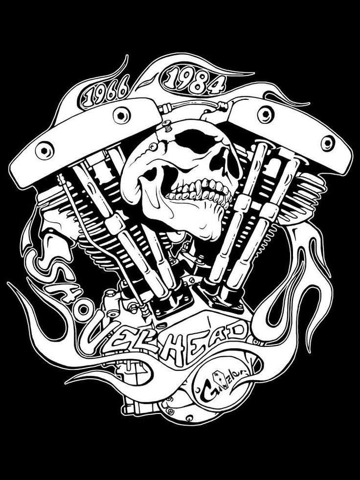 a black and white drawing of a motorcycle engine with a skull on it's head