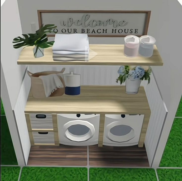 the bathroom is decorated in white and has green grass on the floor, while there are two toilets next to each other