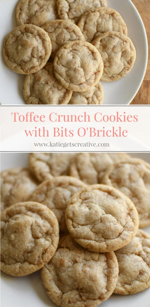 two pictures of cookies on a plate with the words toffe crunch cookies with bits o'bricke