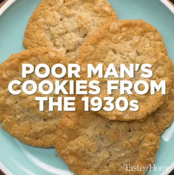 three cookies on a plate with the words poor man's cookies from the 1930s