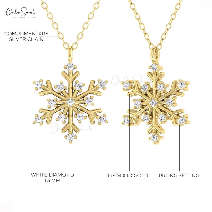 Description Here's a crafted description for the Genuine 1.5mm Round White Diamond Snowflake Floral Pendant in 14k Real Gold: "Embrace elegance with our prong-set snowflake pendant, adorned with genuine 1.5mm round white diamonds. Expertly crafted in 14k real gold, this hallmark jewelry piece exudes timeless beauty and sophistication. The gold chain shown in the pictures is just for reference and display purposes, in order pendant comes with a COMPLIMENTARY 925 SILVER CHAIN. Product Details SKU Diamond White Snowflake Jewelry For Anniversary, Diamond White Cubic Zirconia Snowflake Jewelry, White Gold Snowflake Jewelry For Christmas, Fine Jewelry Snowflake Gift, Anniversary White Gold Snowflake Jewelry, Christmas White Gold Snowflake Jewelry, White Snowflake Fine Jewelry, Christmas Snowflake White Gold Jewelry, Cubic Zirconia Snowflake Jewelry For Anniversary