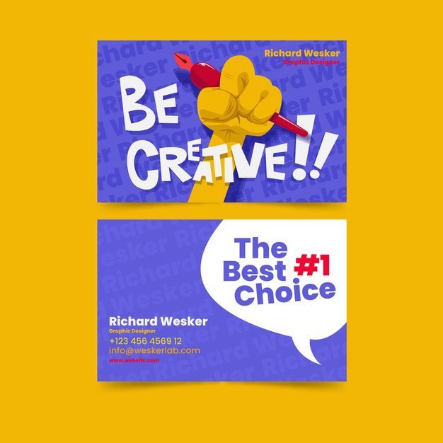 two business cards that say be creative and the best one is to choose between them