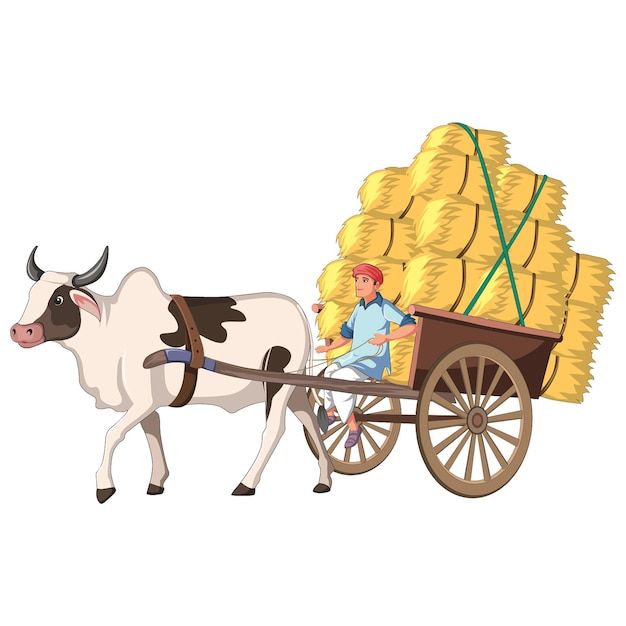 a cow pulling a cart full of hay with a man on it's back