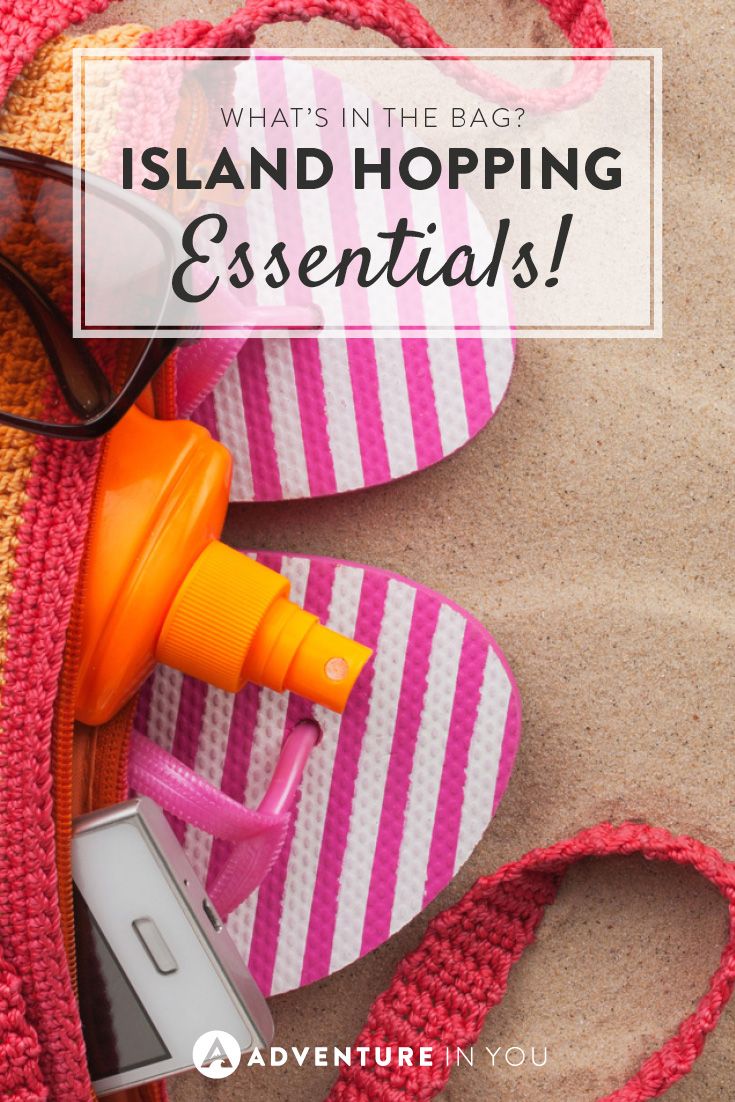 pink and white striped flip flops with orange hair blower on the beach text reads what's in the bag island hopping essentials